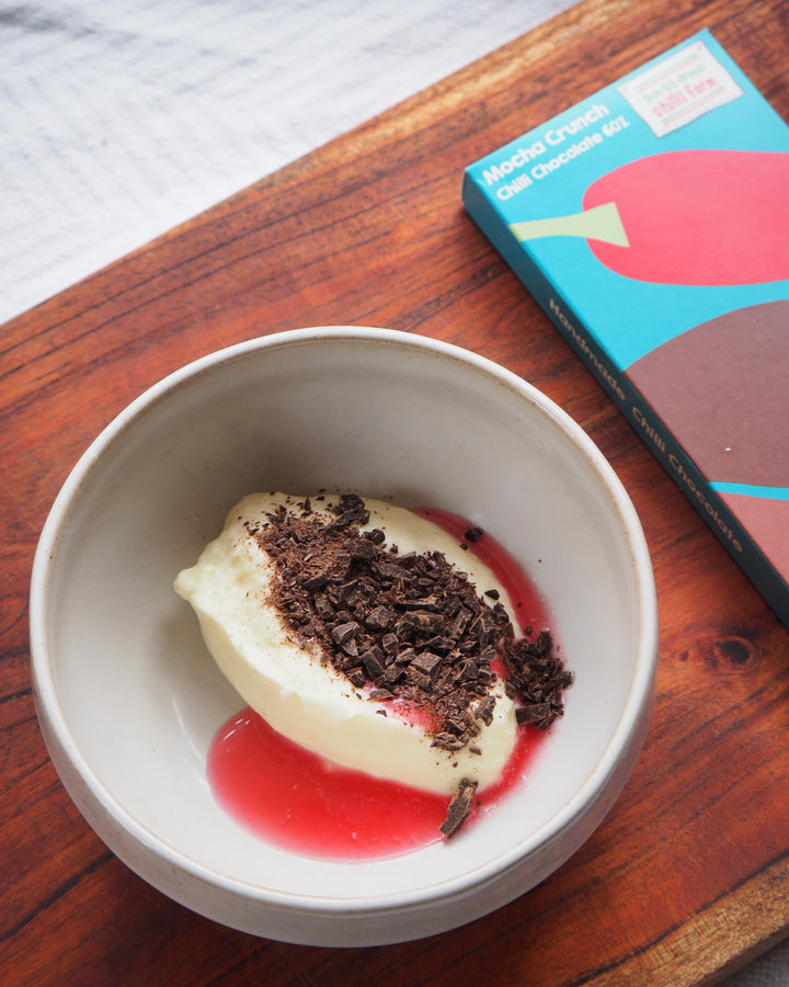 White Chocolate Mousse with Rhubarb and Mocha Crunch