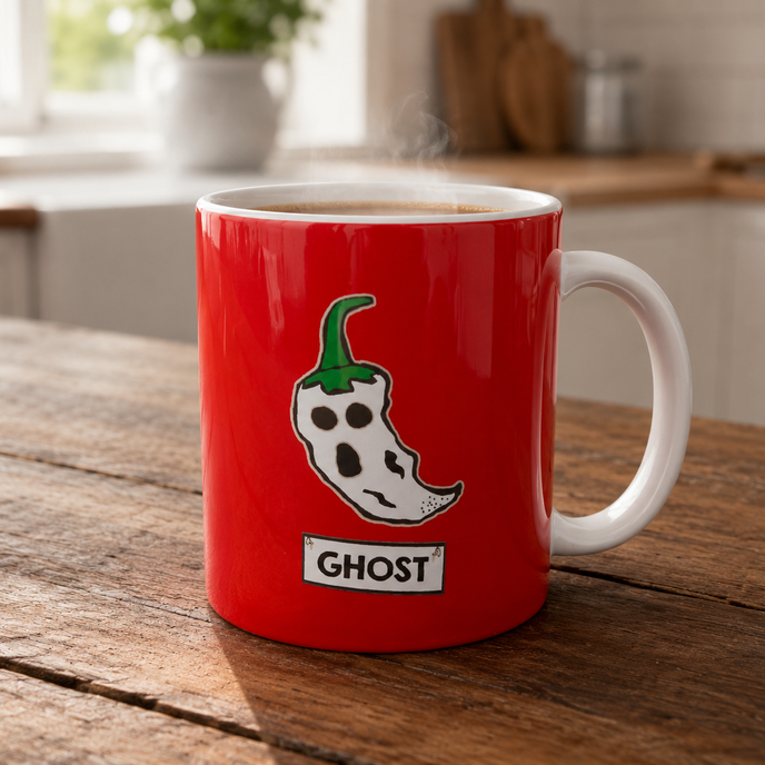 Red mug with ghost and chili pepper design on a wooden table in a kitchen.