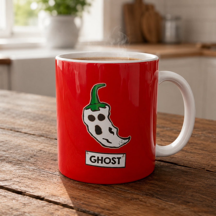 Red mug with ghost and chili pepper design on a wooden table in a kitchen.