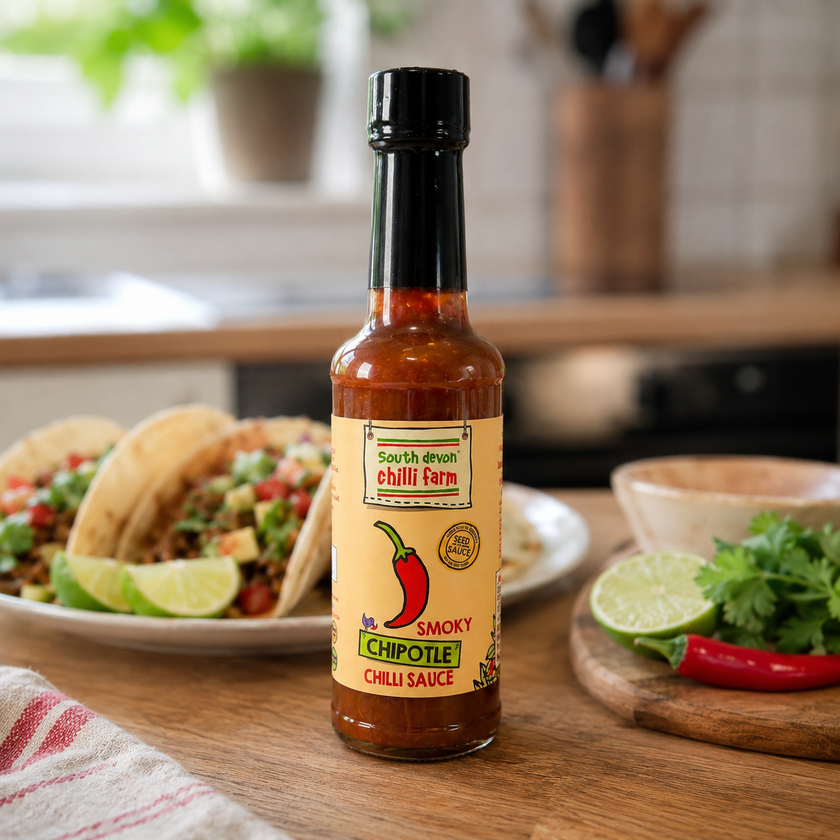 Bottle of South Devon Chilli Farm Smoky Chipotle Chilli Sauce on a kitchen counter with food in the background